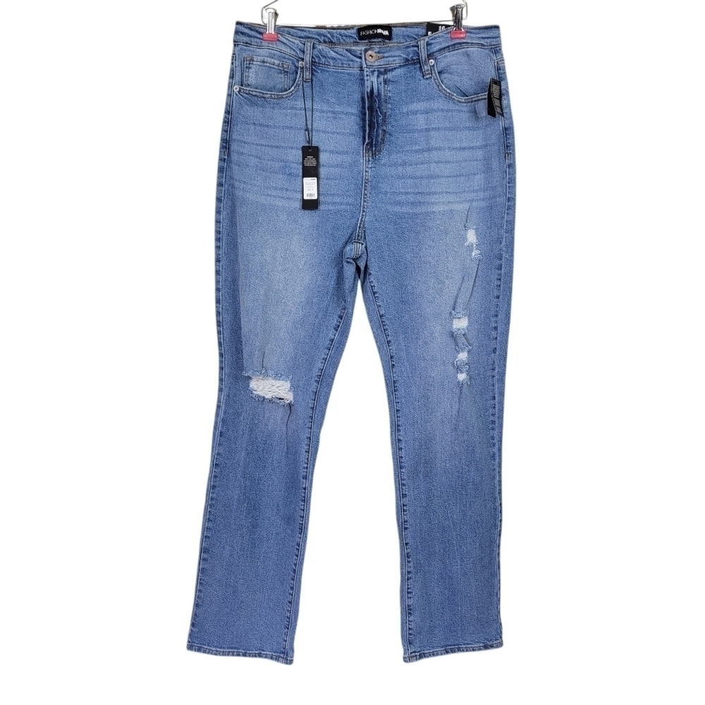 Fashion Nova Jeans Size 16 38X34 Blue Slim Straight Leg Distressed High Rise New